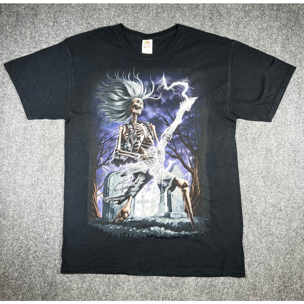Y2K Skeleton Guitar T-Shirt Black Lightning Skull Large